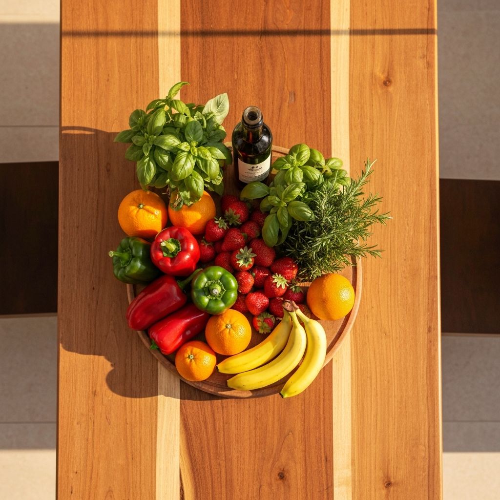 Mesa natural con verduras y productos frescos