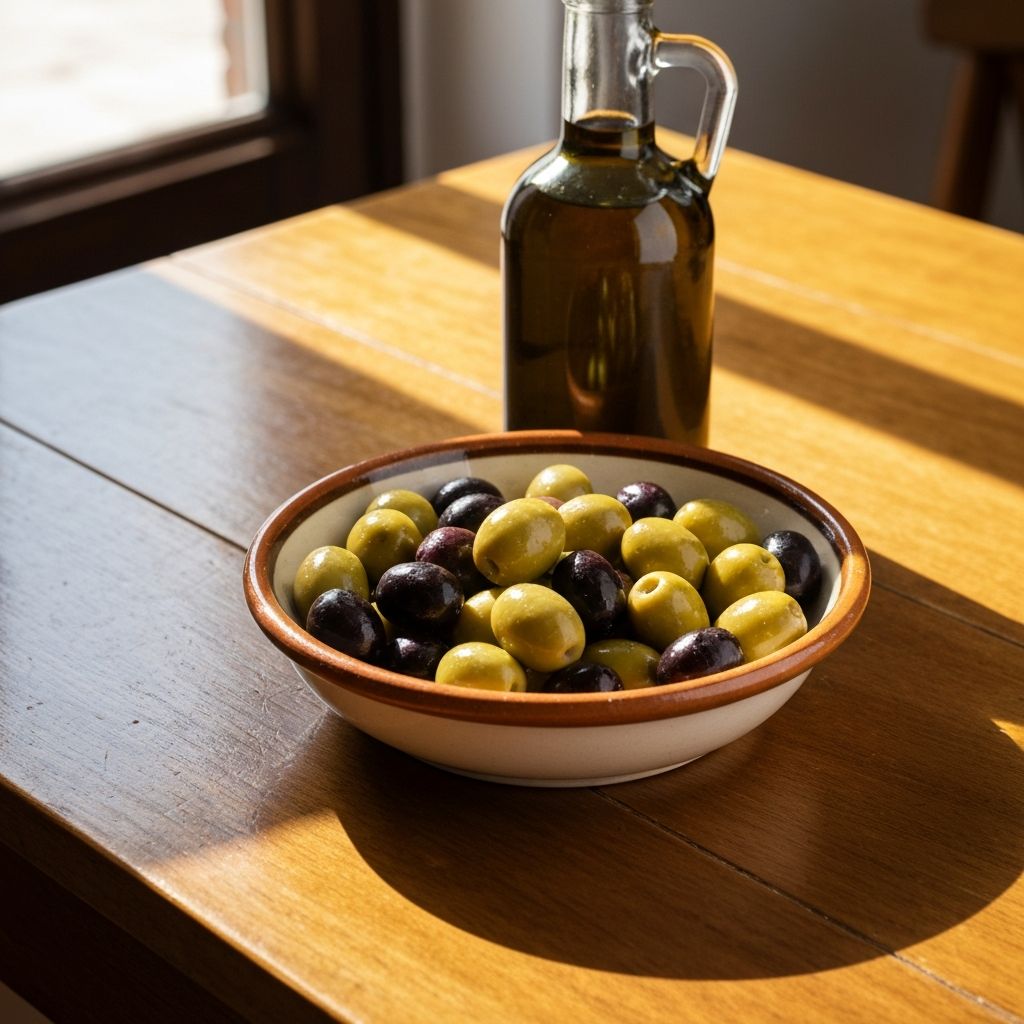 Aceitunas en cuenco de cerámica con aceite de oliva